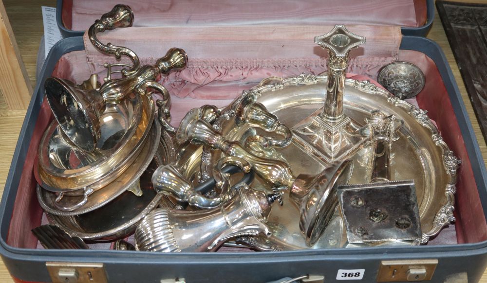 A large quantity of mixed plated ware and some small silver including a pair of Persian white metal chambersticks and a pair of silver